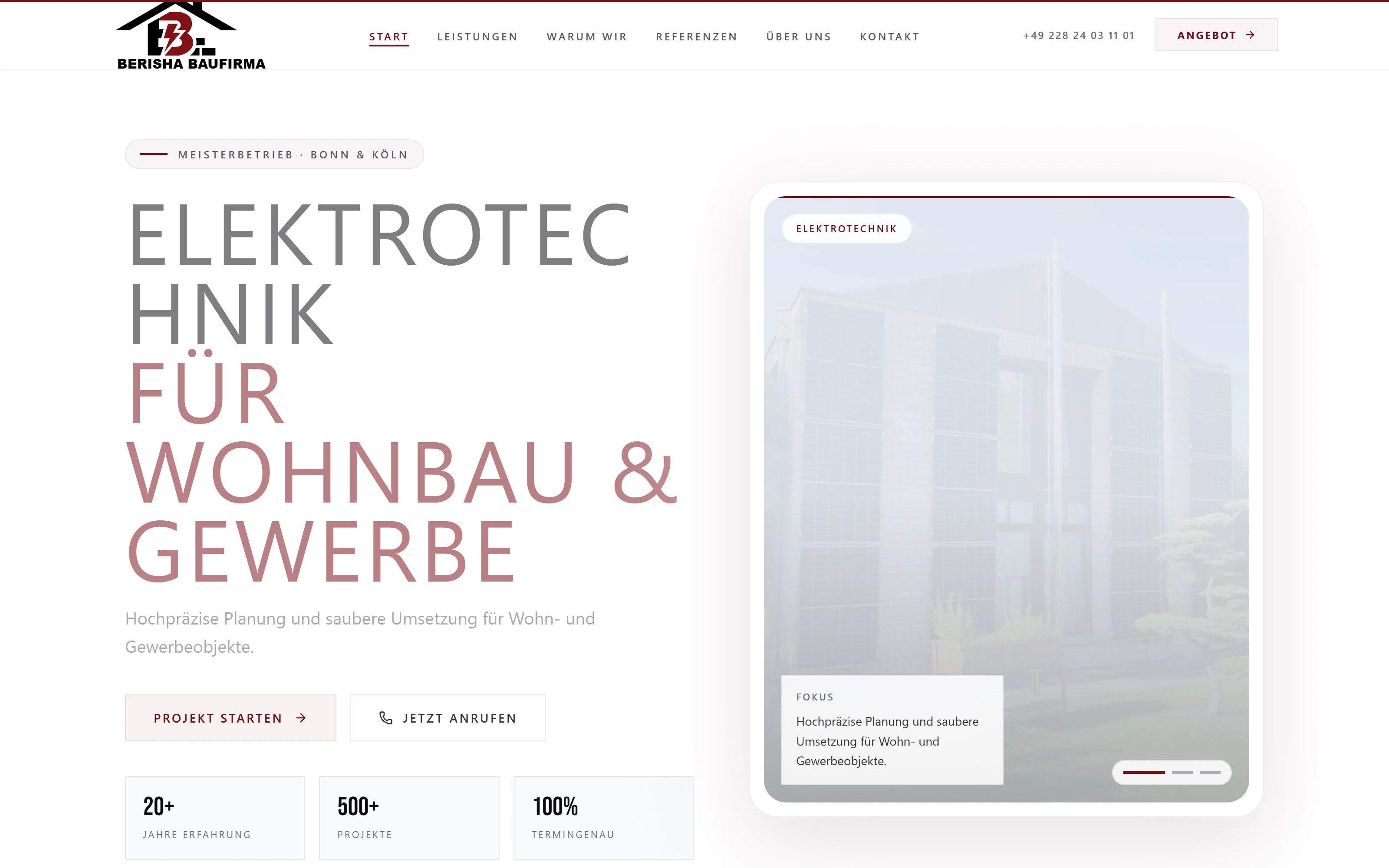Live-Startseite des Website-Projekts Berisha Baufirma